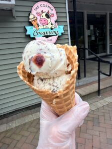 Black Cherry Chip ice cream in a waffle cone